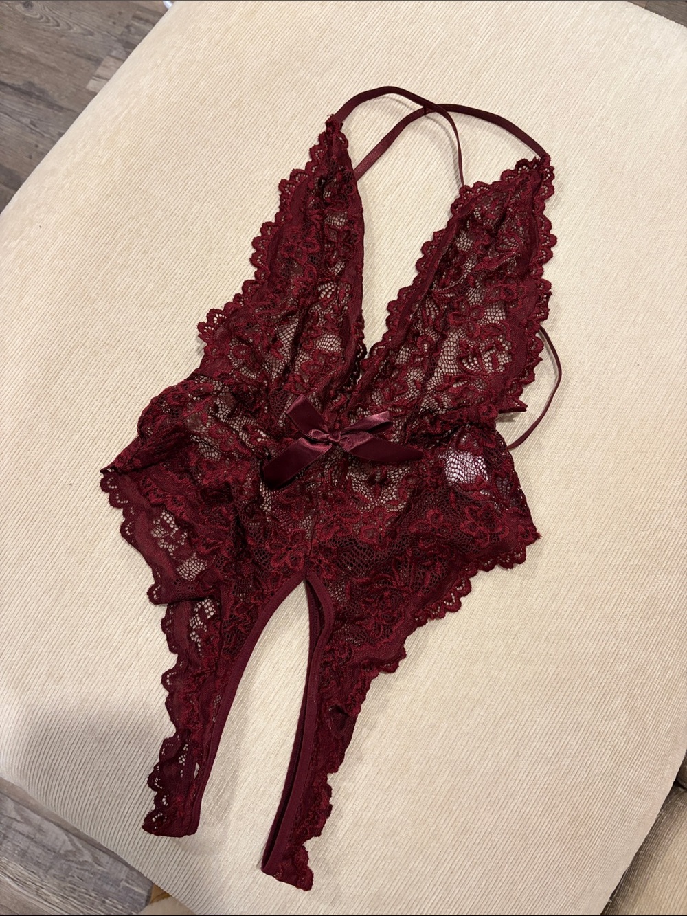 Lace Deep V Teddy Lingerie - Burgundy